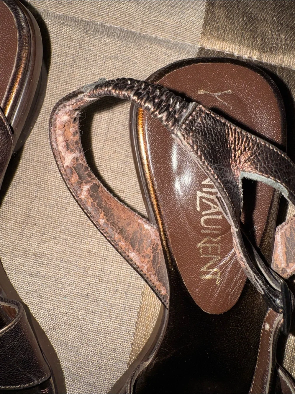 Saint Laurent Bronze Metallic Leather Slingback Sandals